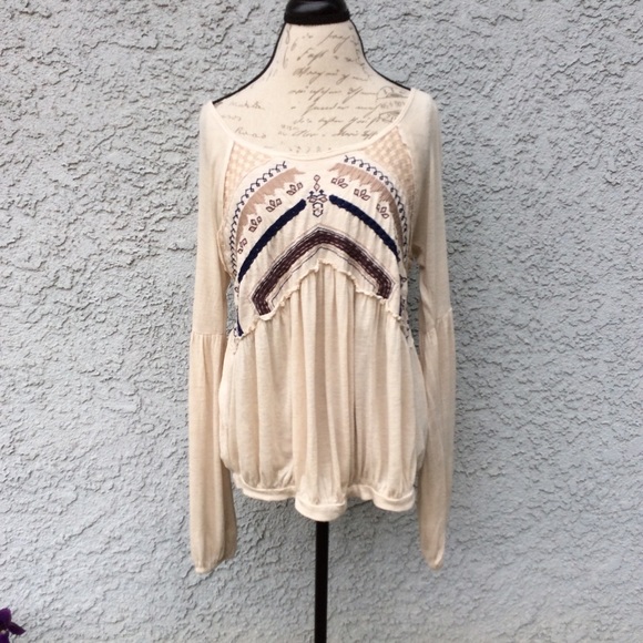 Free People Tops - Free People Hippie Boho Embroidered Pleated Peasant Blouse Neutral Top Shirt